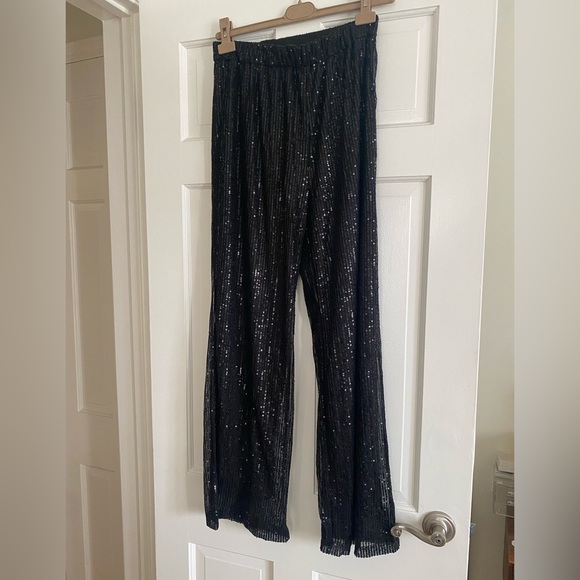 Black Sequin High Waisted Straight Leg Pants - Picture 2 of 6